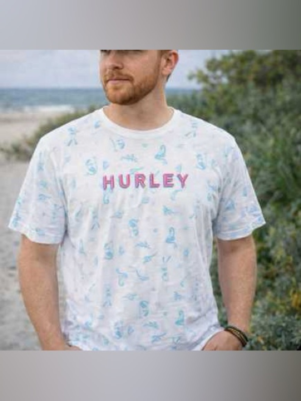 Hurley White Tee with Light Blue Mermaid Print & Pink Logo Size Medium